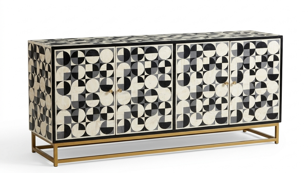 Handmade Bone Inlay 4 Door TV Unit Media Cabinet – Black & White 3D Geometric Design
