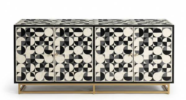 Handmade Bone Inlay 4 Door TV Unit Media Cabinet – Black & White 3D Geometric Design
