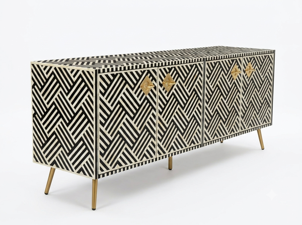 Handcrafted Bone Inlay 4 Door TV Unit Media Cabinet – Black & White Optical Geometric Pattern