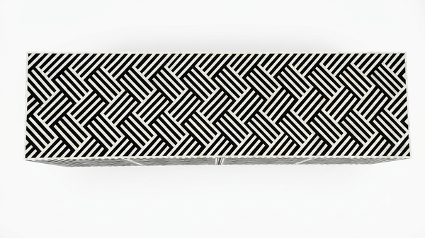 Handcrafted Bone Inlay 4 Door TV Unit Media Cabinet – Black & White Optical Geometric Pattern
