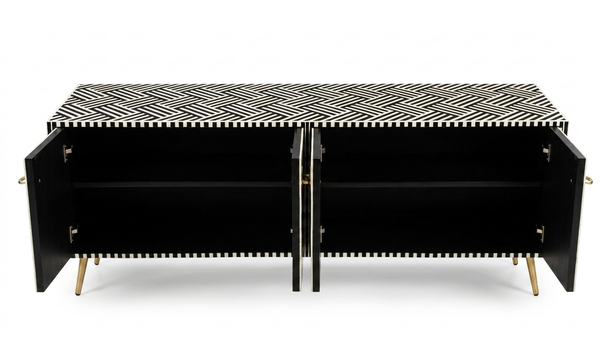 Handcrafted Bone Inlay 4 Door TV Unit Media Cabinet – Black & White Optical Geometric Pattern