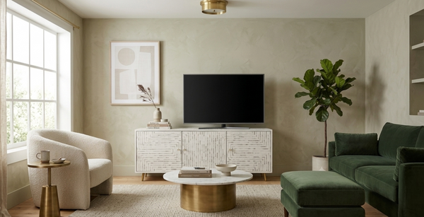 Handcrafted Mother of Pearl Inlay 3 Door TV Unit Media Cabinet – White Geometric Design