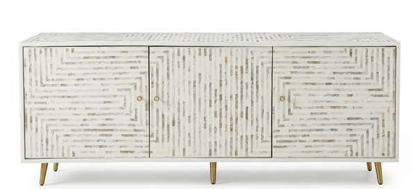 Handcrafted Mother of Pearl Inlay 3 Door TV Unit Media Cabinet – White Geometric Design