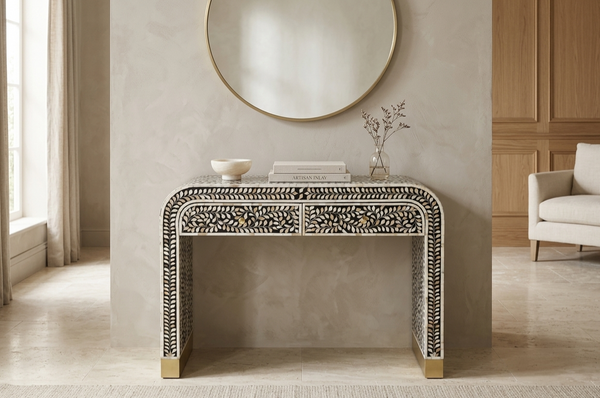 Handcrafted Black Mother of Pearl Inlay 2 Drawer Console Table – Floral Design