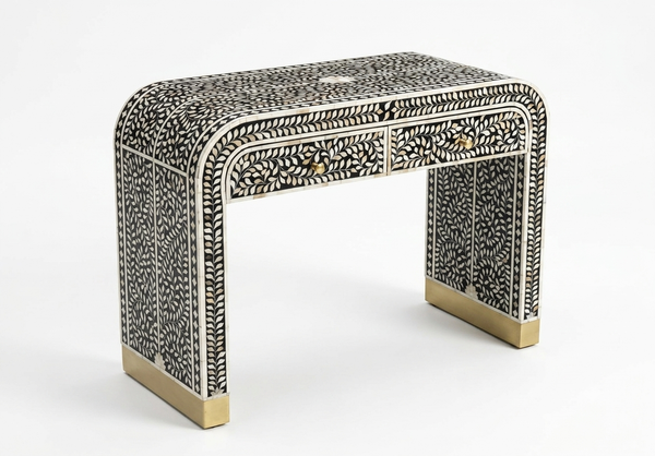 Handcrafted Black Mother of Pearl Inlay 2 Drawer Console Table – Floral Design