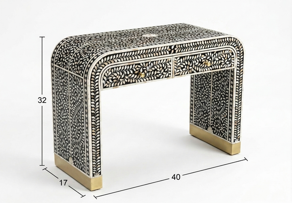 Handcrafted Black Mother of Pearl Inlay 2 Drawer Console Table – Floral Design