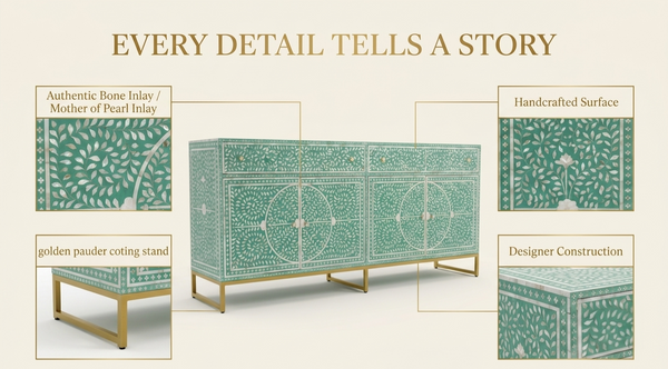 Mother of Pearl Inlay Buffet Cabinet – Sea Green, 2 Drawers & 4 Doors