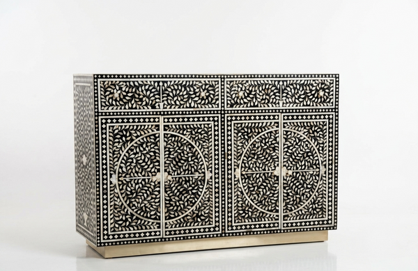 Handcrafted Mother of Pearl Inlay Bar Cabinet – Black, 2 Drawers & 4 Doors