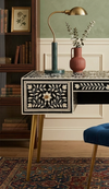 Handcrafted Black Bone Inlay Work Desk with 3 Drawers, Floral Design & Gold Legs – Luxury Wooden Writing Desk for Home Office