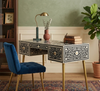 Handcrafted Black Bone Inlay Work Desk with 3 Drawers, Floral Design & Gold Legs – Luxury Wooden Writing Desk for Home Office
