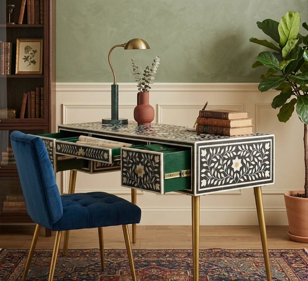 Handcrafted Black Bone Inlay Work Desk with 3 Drawers, Floral Design & Gold Legs – Luxury Wooden Writing Desk for Home Office
