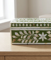 Handcrafted Mother of Pearl Inlay Jewelry Box – Green Floral Design