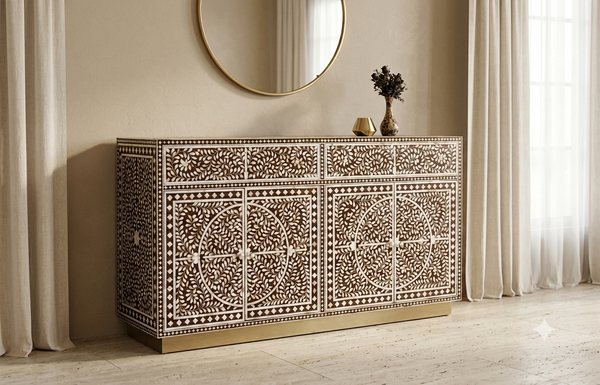 Handcrafted Mother of Pearl Inlay Buffet Cabinet – Brown, 2 Drawers & 4 Doors