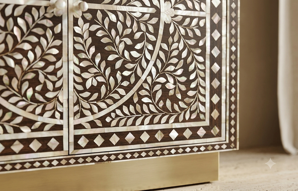 Handcrafted Mother of Pearl Inlay Buffet Cabinet – Brown, 2 Drawers & 4 Doors