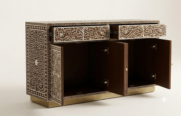 Handcrafted Mother of Pearl Inlay Buffet Cabinet – Brown, 2 Drawers & 4 Doors