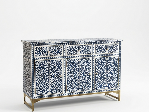 Handcrafted Blue Bone Inlay Floral 3 Drawer 3 Door Buffet Cabinet