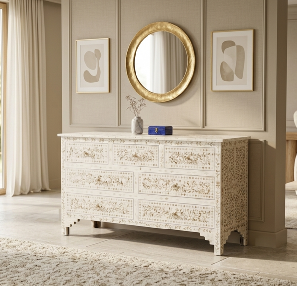 Handcrafted Mother of Pearl Inlay 7 Drawer Chest – White Floral Design
