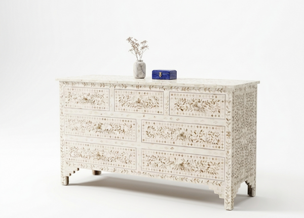 Handcrafted Mother of Pearl Inlay 7 Drawer Chest – White Floral Design