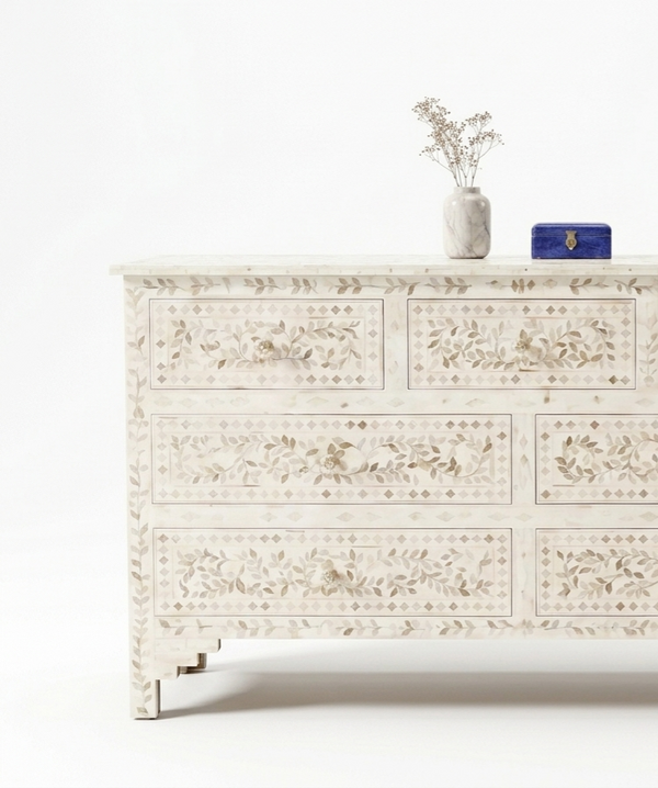 Handcrafted Mother of Pearl Inlay 7 Drawer Chest – White Floral Design