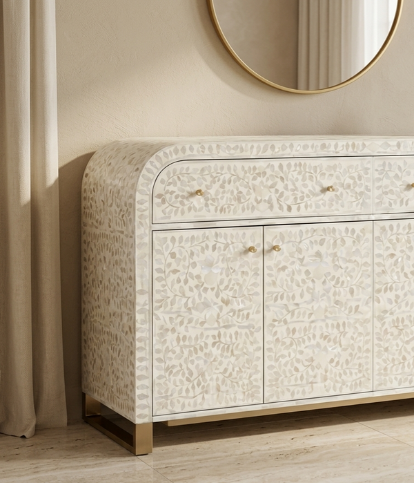 Handmade Mother of Pearl Inlay U-Shaped Buffet Cabinet – White, 2 Drawers & 4 Doors