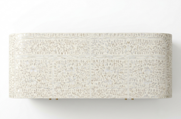 Handmade Mother of Pearl Inlay U-Shaped Buffet Cabinet – White, 2 Drawers & 4 Doors