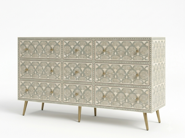 Handcrafted Grey Bone Inlay 9 Drawer Chest with Brass Legs