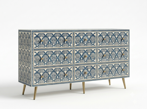 Handcrafted Grey Bone Inlay 9 Drawer Chest with Brass Legs