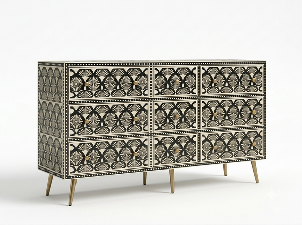 Handcrafted Grey Bone Inlay 9 Drawer Chest with Brass Legs