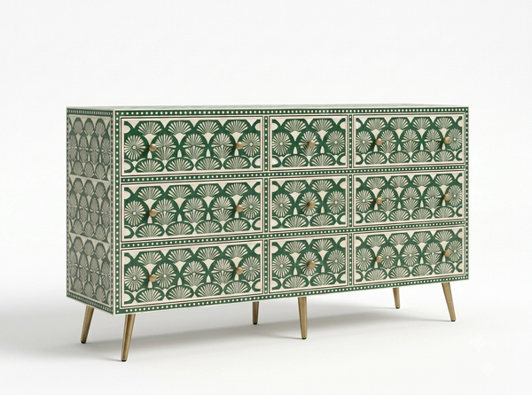Handcrafted Grey Bone Inlay 9 Drawer Chest with Brass Legs