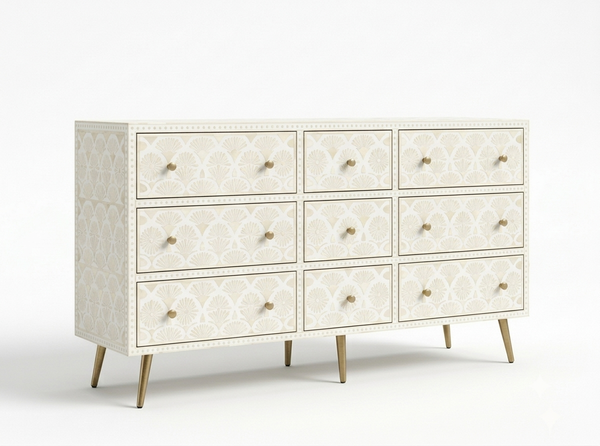 Handcrafted Grey Bone Inlay 9 Drawer Chest with Brass Legs