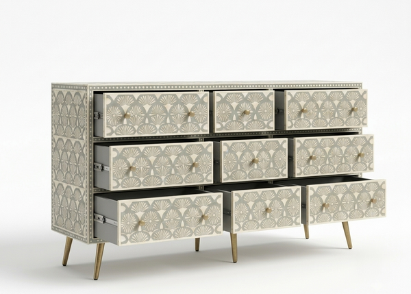 Handcrafted Grey Bone Inlay 9 Drawer Chest with Brass Legs