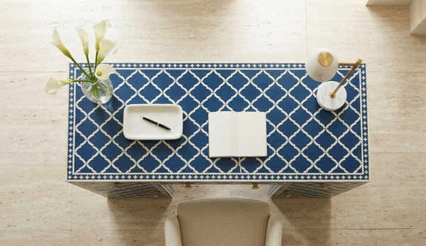 Blue & White Bone Inlay 3 Drawer 2 Door Work Desk