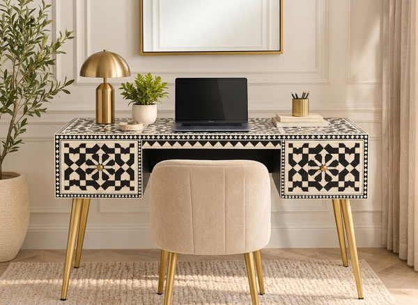 Black Bone Inlay 2 Drawer Work Desk with Gold Legs