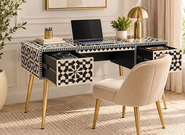 Black Bone Inlay 2 Drawer Work Desk with Gold Legs