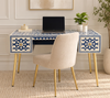 Handcrafted Blue Bone Inlay Work Desk with 2 Drawers, Gold Legs – Luxury Wooden Writing Desk for Home Office & Bedroom