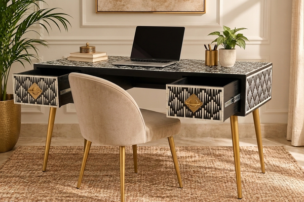 Black & White Bone Inlay 2 Drawer Work Desk with Gold Legs