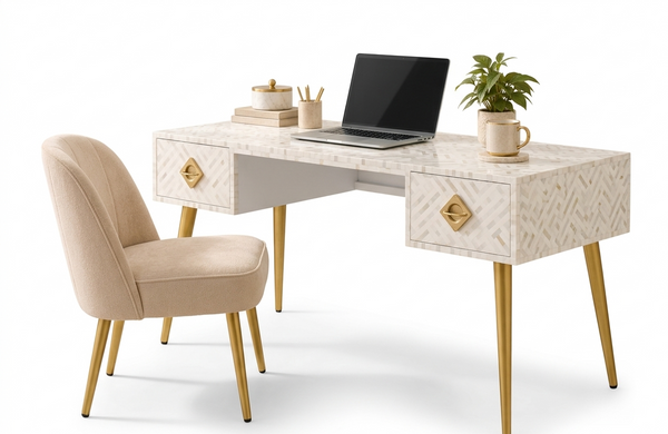 White Bone Inlay 2 Drawer Work Desk with Gold Legs