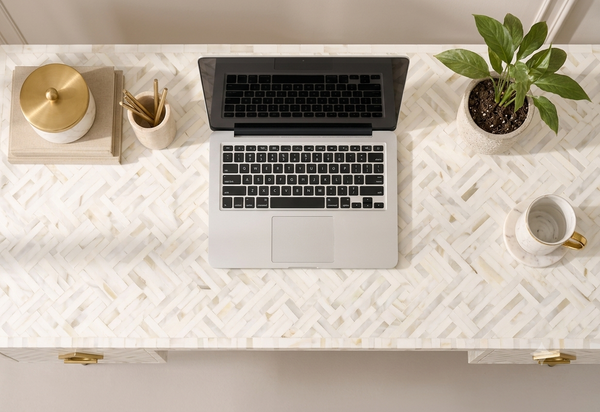 White Bone Inlay 2 Drawer Work Desk with Gold Legs