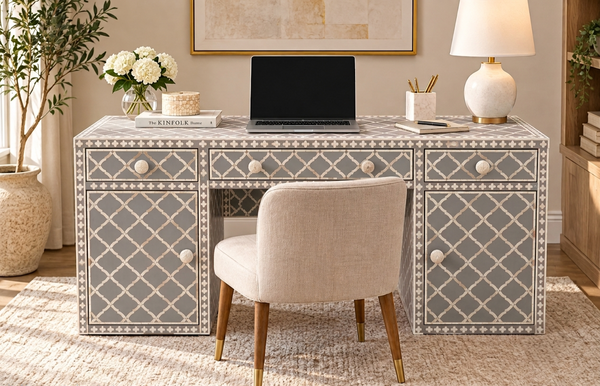Blue & White Bone Inlay 3 Drawer 2 Door Work Desk