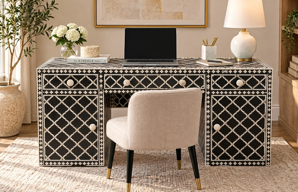 Blue & White Bone Inlay 3 Drawer 2 Door Work Desk