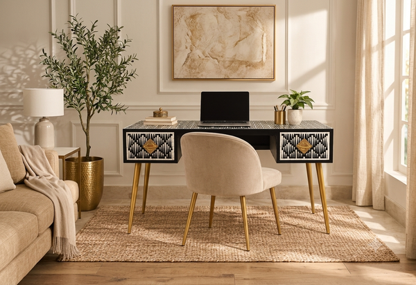 Black & White Bone Inlay 2 Drawer Work Desk with Gold Legs
