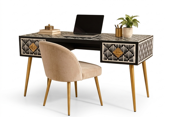 Black & White Bone Inlay 2 Drawer Work Desk with Gold Legs