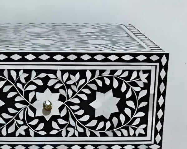 Handcrafted Black Bone Inlay 2 Drawer Console Table with Round Stool – Floral Design