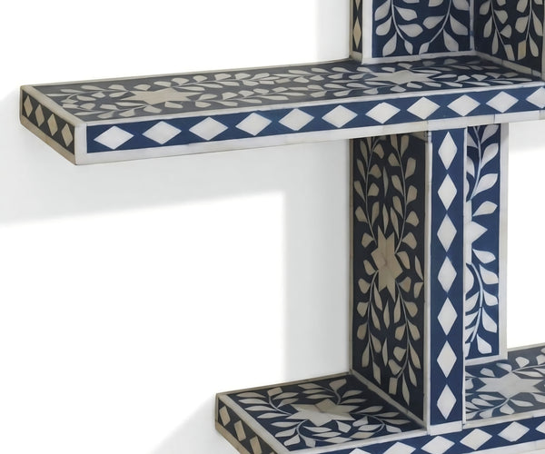 Handcrafted Blue Bone Inlay Wall Shelf – Floral Decorative Floating Shelves
