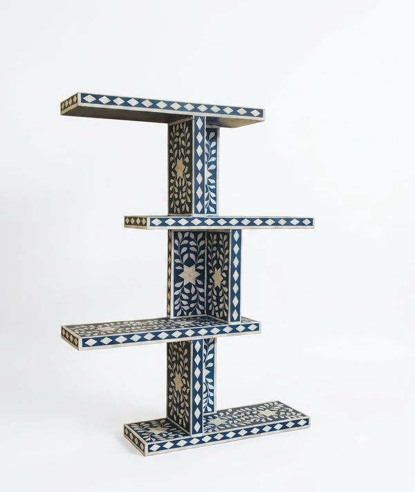 Handcrafted Blue Bone Inlay Wall Shelf – Floral Decorative Floating Shelves
