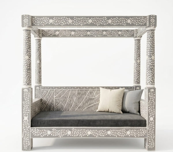 Handcrafted Grey Bone Inlay Canopy Daybed – Floral Design Luxury Furniture