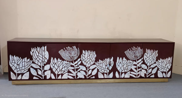 Handcrafted Mother of Pearl Inlay Brown 5 Door TV Unit – Luxury Floral Design Media Console Cabinet with Brass Stand for Living Room