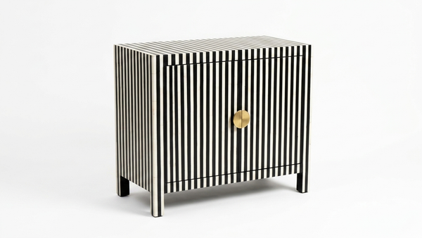Handcrafted Black & White Bone Inlay 2 Door Storage Cabinet