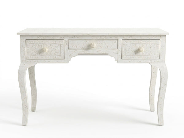 Handcrafted White Bone Inlay Floral 3 Drawer Console Table