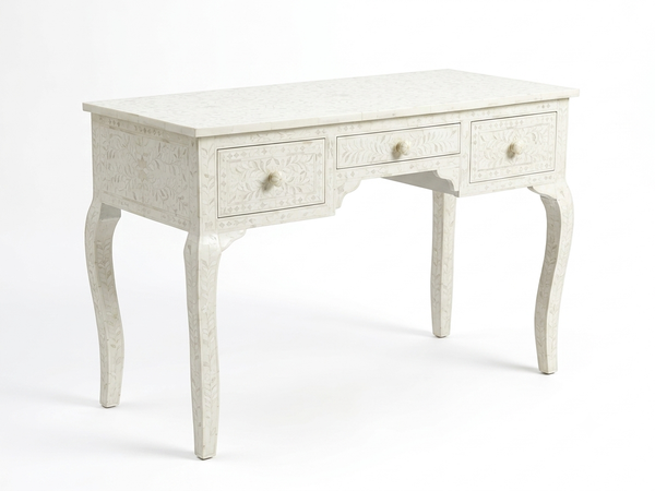 Handcrafted White Bone Inlay Floral 3 Drawer Console Table